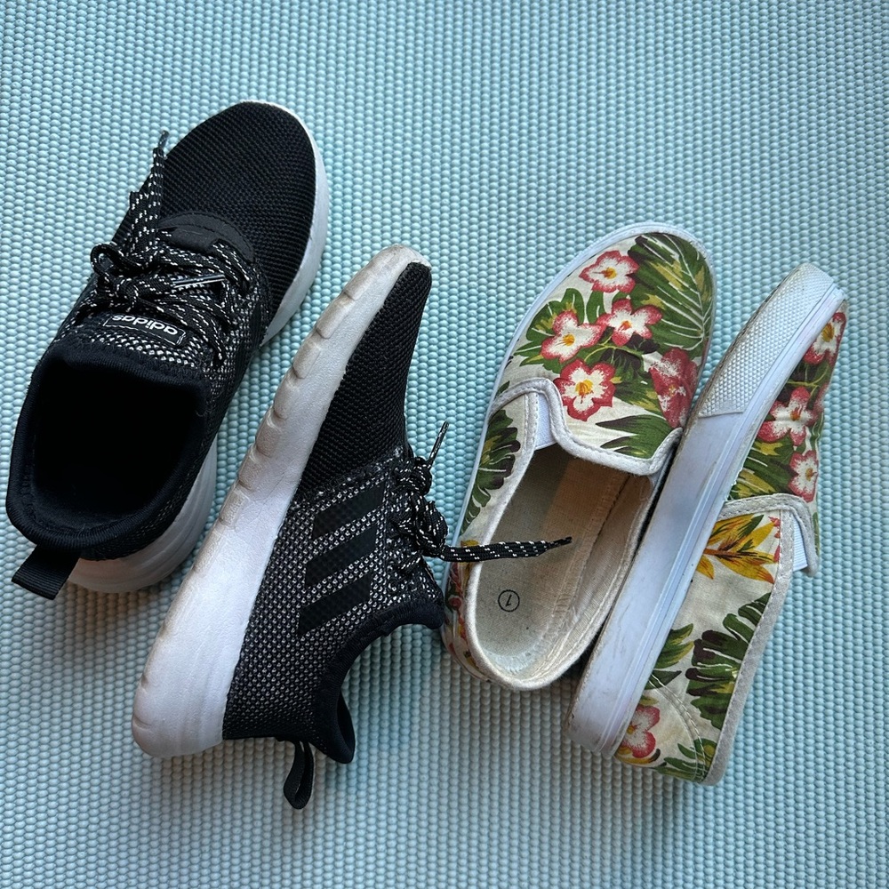 Adidas Black & White Sneakers and Floral Slip-Ons Sz 1